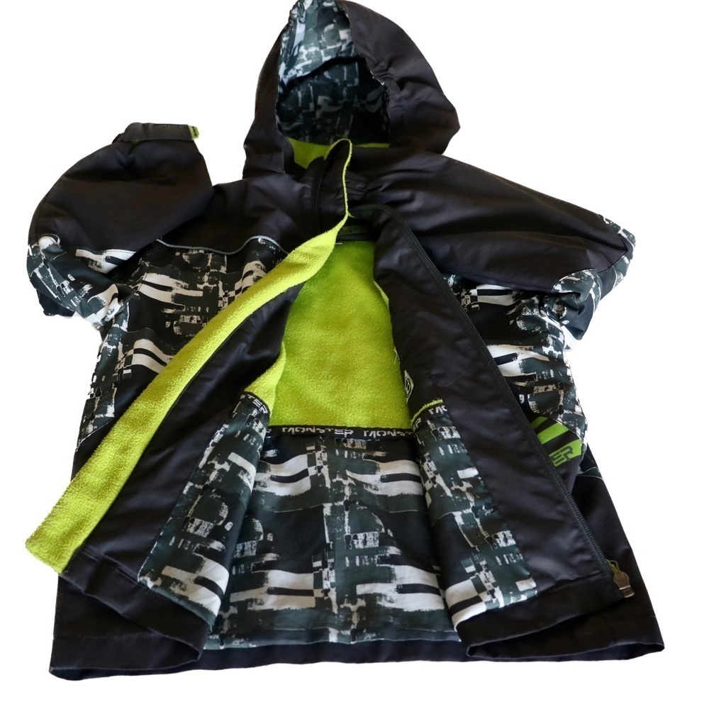 HP Monster Navy Jacket Hooded Neon Yellow Fleece Lined Media Pocket Boys Size 7